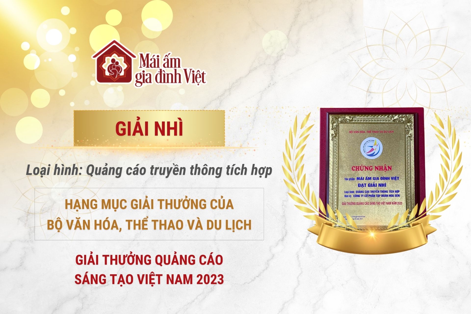 'Mái ấm gia đình Việt' đạt Giải Nhì tại Lễ trao Giải Quảng cáo sáng tạo Việt Nam năm 2023 - Hạng mục Giải thưởng của Bộ Văn hóa, Thể thao và Du lịch